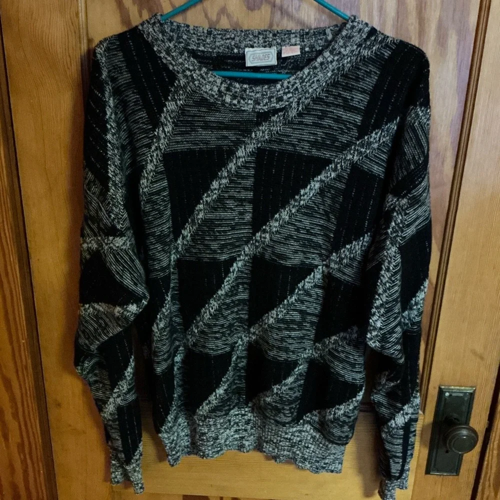 Vintage 80s Black Gray Geometric Sweater Retro Oversized Knit Unisex